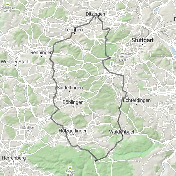 Karten-Miniaturansicht der Radinspiration "Zwischen Schloss Solitude und Engelberg" in Stuttgart, Germany. Erstellt vom Tarmacs.app-Routenplaner für Radtouren