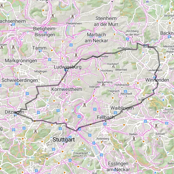 Karten-Miniaturansicht der Radinspiration "Von Weinbergen zu Schlössern" in Stuttgart, Germany. Erstellt vom Tarmacs.app-Routenplaner für Radtouren