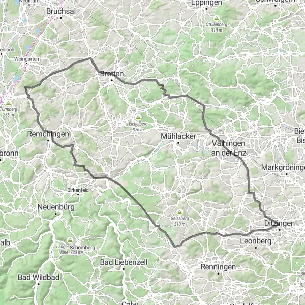 Karten-Miniaturansicht der Radinspiration "Rund um Pforzheim und Knittlingen" in Stuttgart, Germany. Erstellt vom Tarmacs.app-Routenplaner für Radtouren