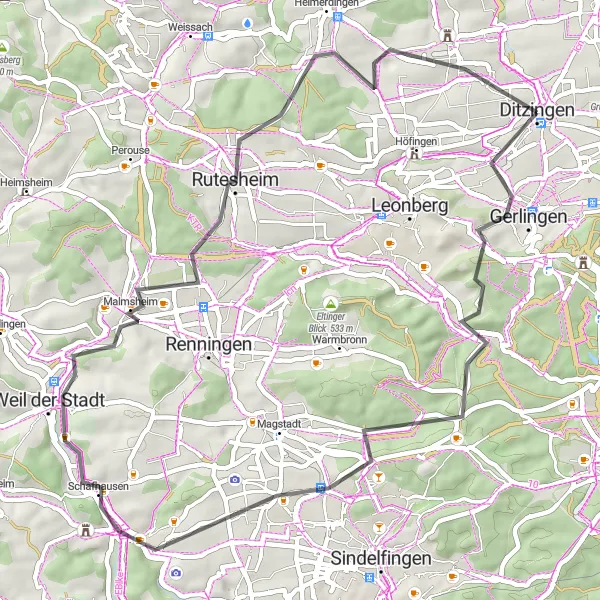 Map miniature of "Gerlingen-Mittelberg-Schöckingen Loop" cycling inspiration in Stuttgart, Germany. Generated by Tarmacs.app cycling route planner