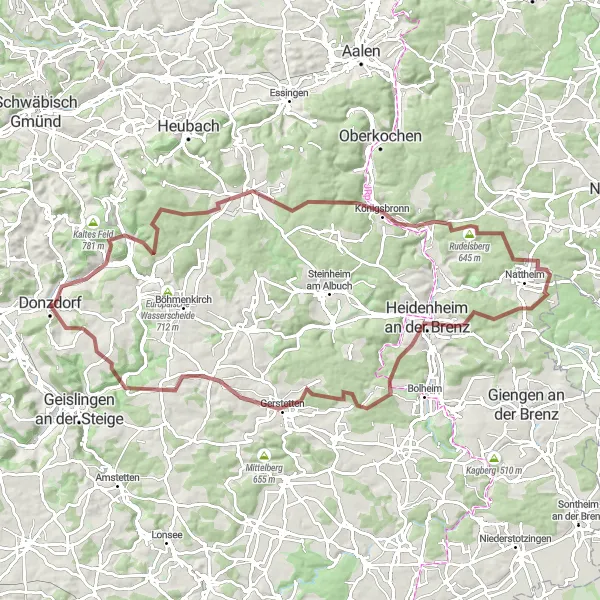 Map miniature of "Donzdorf - Heidenheim Gravel Adventure" cycling inspiration in Stuttgart, Germany. Generated by Tarmacs.app cycling route planner