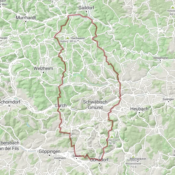 Map miniature of "Salach - Leinzell Gravel Adventure" cycling inspiration in Stuttgart, Germany. Generated by Tarmacs.app cycling route planner