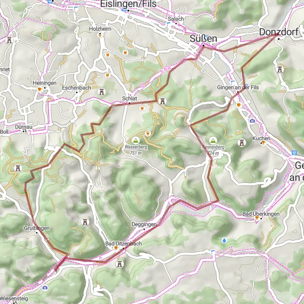 Map miniature of "Donzdorf-Schafenberg Gravel Adventure" cycling inspiration in Stuttgart, Germany. Generated by Tarmacs.app cycling route planner