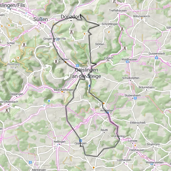Map miniature of "Donzdorf-Messelberg Circular Road Route" cycling inspiration in Stuttgart, Germany. Generated by Tarmacs.app cycling route planner