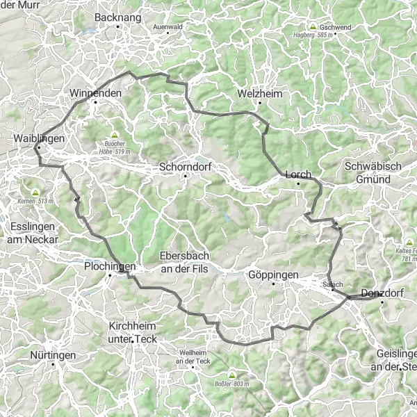 Map miniature of "Donzdorf-Jubiläumsturm Circular Road Adventure" cycling inspiration in Stuttgart, Germany. Generated by Tarmacs.app cycling route planner