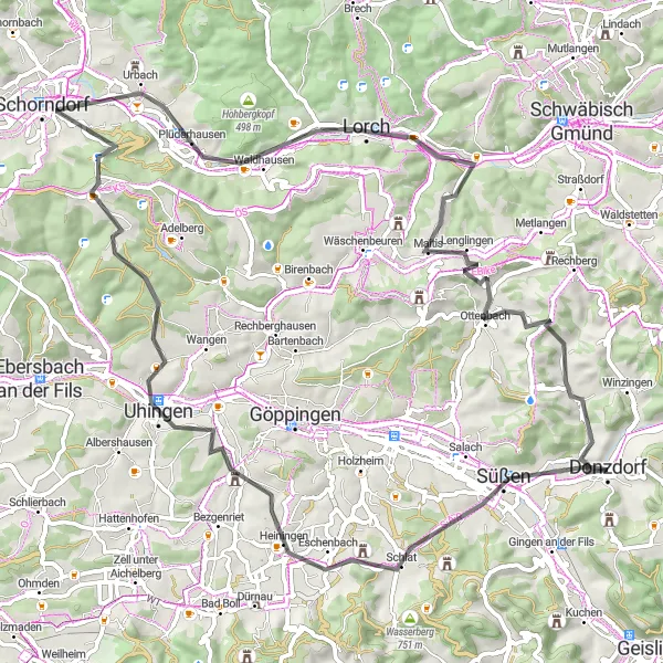 Map miniature of "Donzdorf-Uhingen Scenic Road Route" cycling inspiration in Stuttgart, Germany. Generated by Tarmacs.app cycling route planner