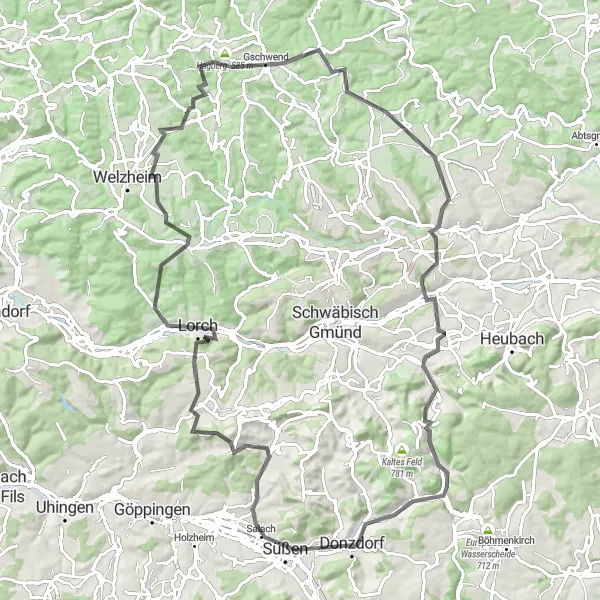Map miniature of "Donzdorf-Lorch Scenic Road Route" cycling inspiration in Stuttgart, Germany. Generated by Tarmacs.app cycling route planner