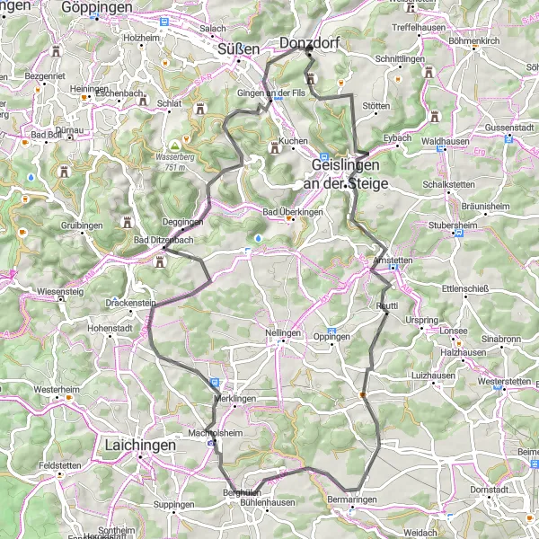 Karten-Miniaturansicht der Radinspiration "Radtour durch Geislingen an der Steige" in Stuttgart, Germany. Erstellt vom Tarmacs.app-Routenplaner für Radtouren