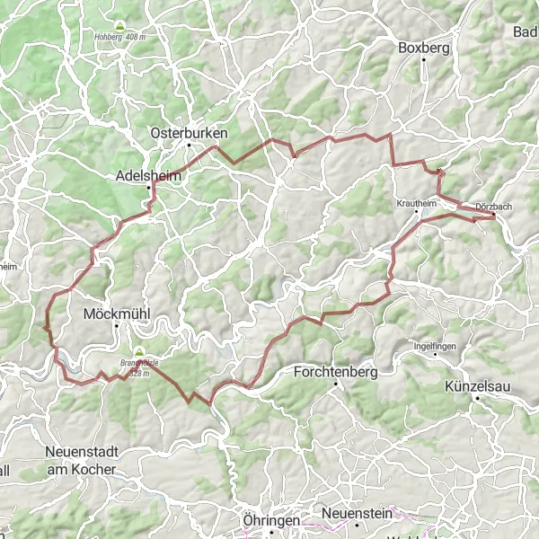 Karten-Miniaturansicht der Radinspiration "Gravel-Abenteuer um Krautheim" in Stuttgart, Germany. Erstellt vom Tarmacs.app-Routenplaner für Radtouren