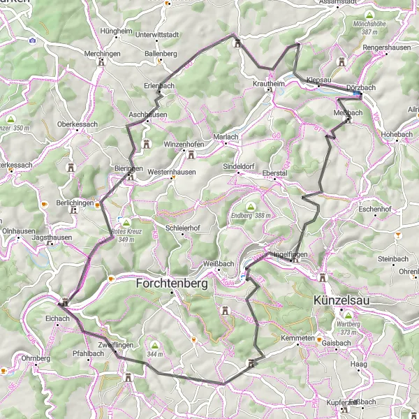 Karten-Miniaturansicht der Radinspiration "Aussichtsreiche Runde um Dörzbach" in Stuttgart, Germany. Erstellt vom Tarmacs.app-Routenplaner für Radtouren