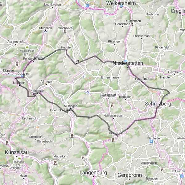 Karten-Miniaturansicht der Radinspiration "Rundkurs durch die Hohenloher Ebene" in Stuttgart, Germany. Erstellt vom Tarmacs.app-Routenplaner für Radtouren