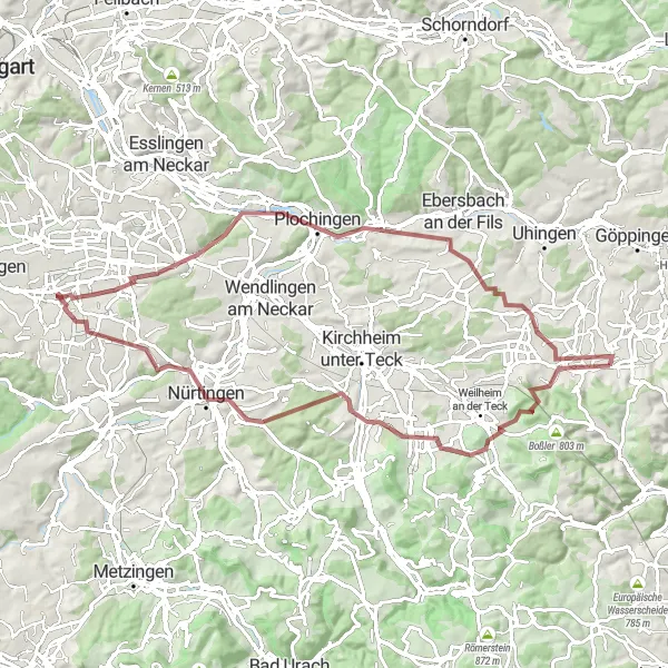 Karten-Miniaturansicht der Radinspiration "Gravel-Tour durch Bissingen an der Teck und Plochingen" in Stuttgart, Germany. Erstellt vom Tarmacs.app-Routenplaner für Radtouren