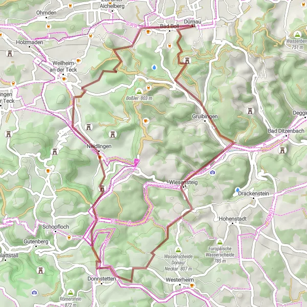 Map miniature of "Gruibingen Delight" cycling inspiration in Stuttgart, Germany. Generated by Tarmacs.app cycling route planner