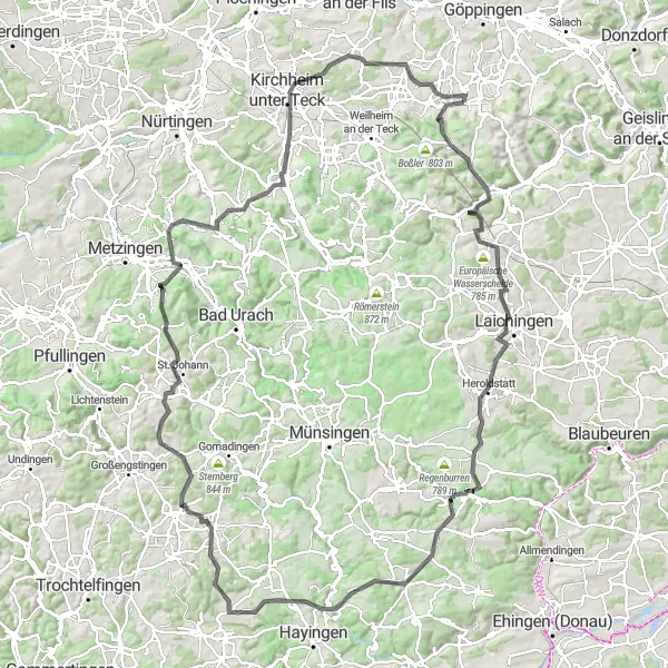 Map miniature of "Ultimate Swabian Alb Challenge" cycling inspiration in Stuttgart, Germany. Generated by Tarmacs.app cycling route planner
