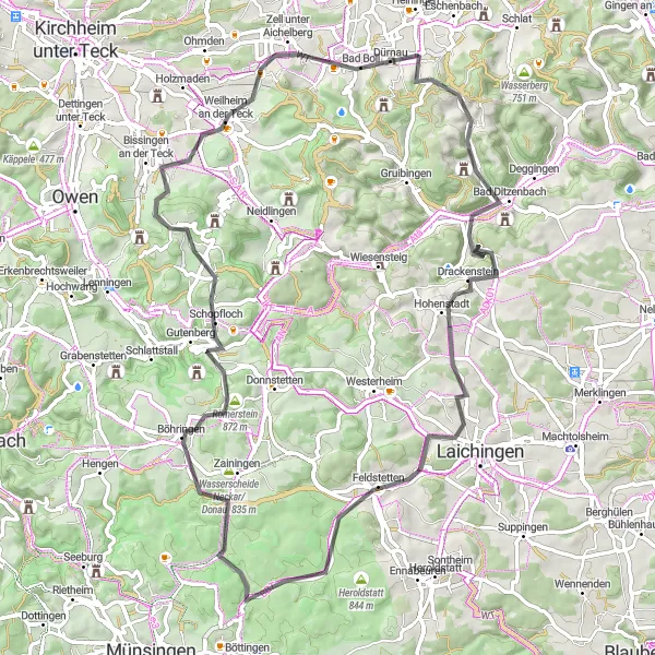 Map miniature of "Calming Ride through Swabian Alb Villages" cycling inspiration in Stuttgart, Germany. Generated by Tarmacs.app cycling route planner