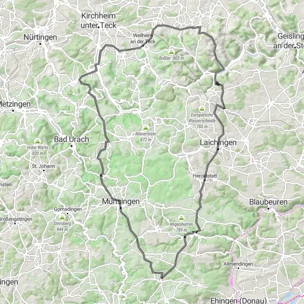Map miniature of "Scenic Tour through the Swabian Alb" cycling inspiration in Stuttgart, Germany. Generated by Tarmacs.app cycling route planner