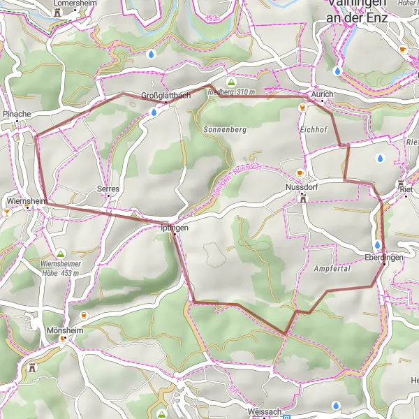 Map miniature of "The Hills of Eberdingen" cycling inspiration in Stuttgart, Germany. Generated by Tarmacs.app cycling route planner