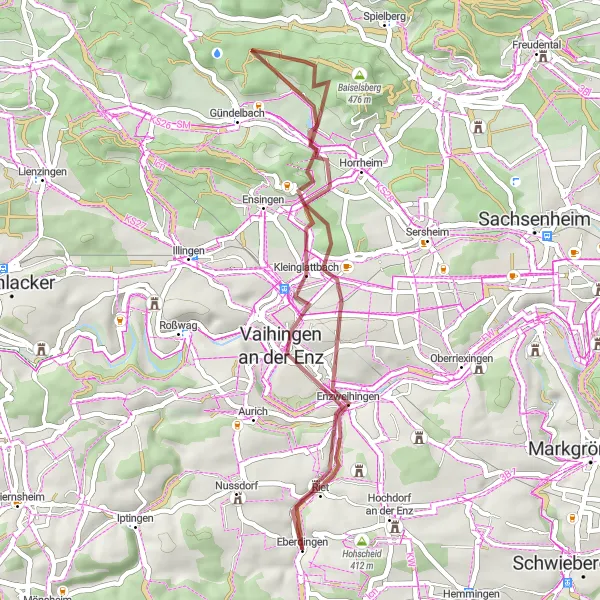 Map miniature of "Mountainous Gravel Adventure from Eberdingen" cycling inspiration in Stuttgart, Germany. Generated by Tarmacs.app cycling route planner