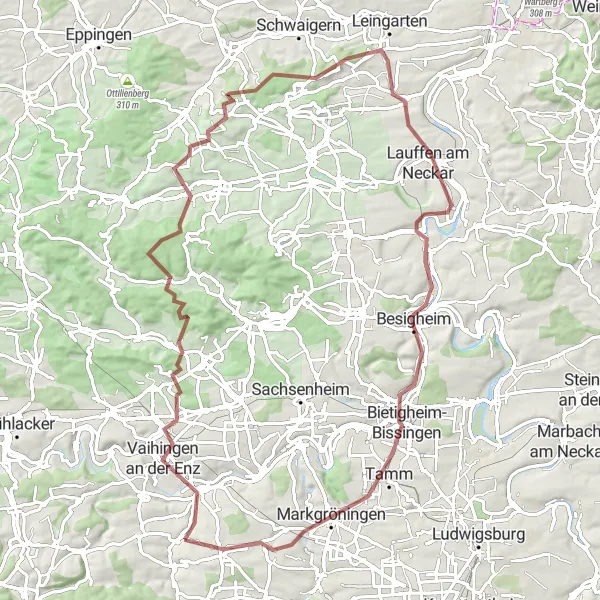 Map miniature of "Vaihingen an der Enz Epic Gravel Challenge" cycling inspiration in Stuttgart, Germany. Generated by Tarmacs.app cycling route planner