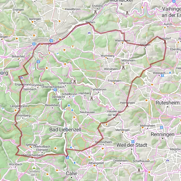 Karten-Miniaturansicht der Radinspiration "Gravel-Abenteuer um Pforzheim" in Stuttgart, Germany. Erstellt vom Tarmacs.app-Routenplaner für Radtouren