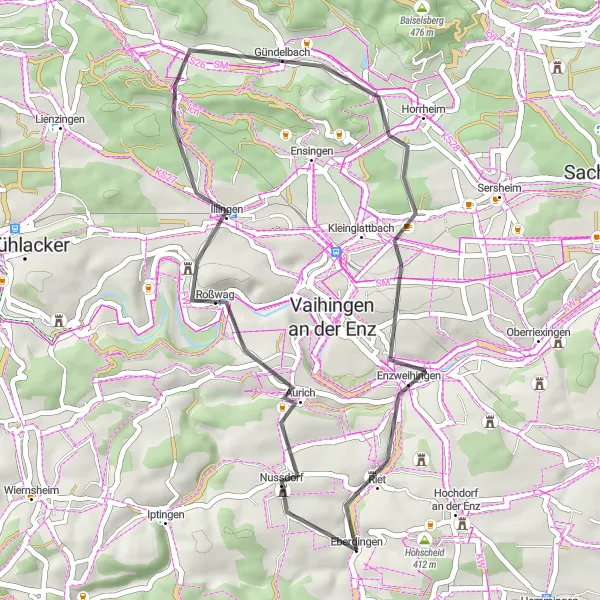 Karten-Miniaturansicht der Radinspiration "Kurze Rundtour durch Wolfsberg und Illingen" in Stuttgart, Germany. Erstellt vom Tarmacs.app-Routenplaner für Radtouren
