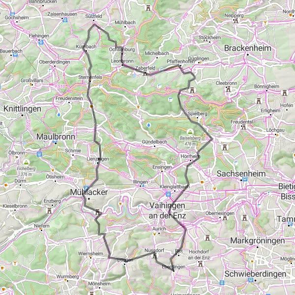 Karten-Miniaturansicht der Radinspiration "Hügeliges Eberdingen" in Stuttgart, Germany. Erstellt vom Tarmacs.app-Routenplaner für Radtouren