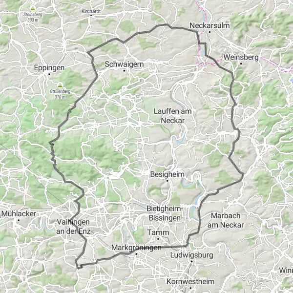 Map miniature of "The Valleys and Mountains" cycling inspiration in Stuttgart, Germany. Generated by Tarmacs.app cycling route planner