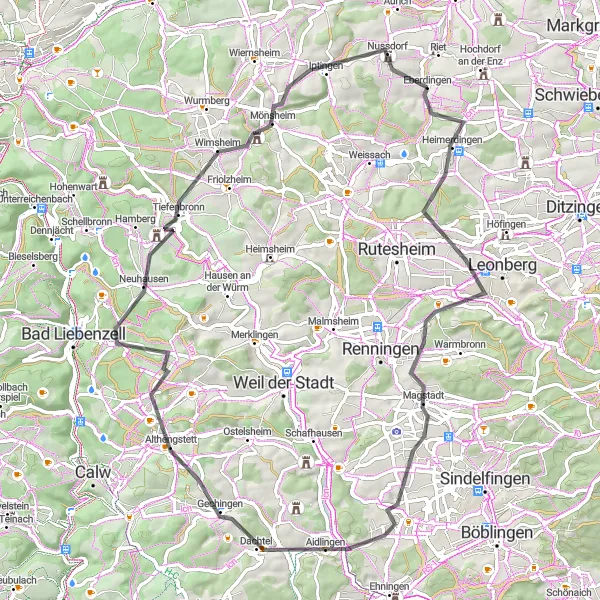 Map miniature of "In the Foothills" cycling inspiration in Stuttgart, Germany. Generated by Tarmacs.app cycling route planner