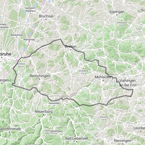 Karten-Miniaturansicht der Radinspiration "Hügelige Straßen um Eberdingen" in Stuttgart, Germany. Erstellt vom Tarmacs.app-Routenplaner für Radtouren