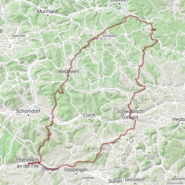 Map miniature of "Gravel Adventure in Nature's Wonderland" cycling inspiration in Stuttgart, Germany. Generated by Tarmacs.app cycling route planner