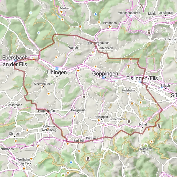 Map miniature of "Ebersbach - Rechberghausen - Eislingen/Fils - Ebersbach" cycling inspiration in Stuttgart, Germany. Generated by Tarmacs.app cycling route planner