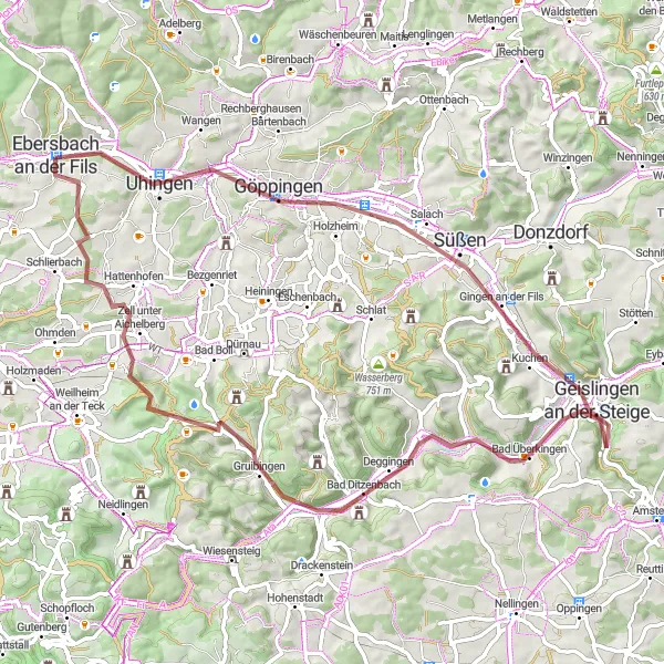 Map miniature of "Ebersbach - Göppingen - Geislingen an der Steige - Bünzwangen - Ebersbach" cycling inspiration in Stuttgart, Germany. Generated by Tarmacs.app cycling route planner