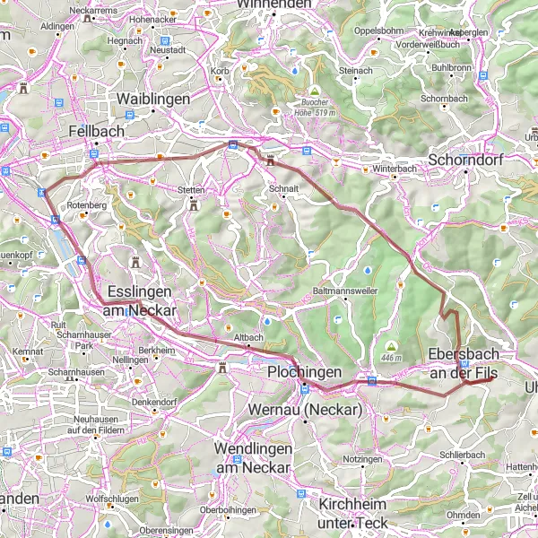 Map miniature of "Ebersbach Gravel Adventure" cycling inspiration in Stuttgart, Germany. Generated by Tarmacs.app cycling route planner