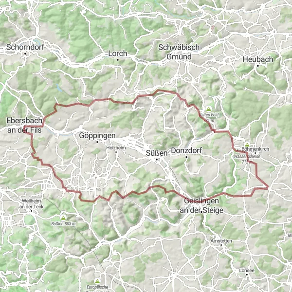 Map miniature of "Ebersbach - Rechberghausen - Europäische Wasserscheide - Hattenhofen - Ebersbach" cycling inspiration in Stuttgart, Germany. Generated by Tarmacs.app cycling route planner