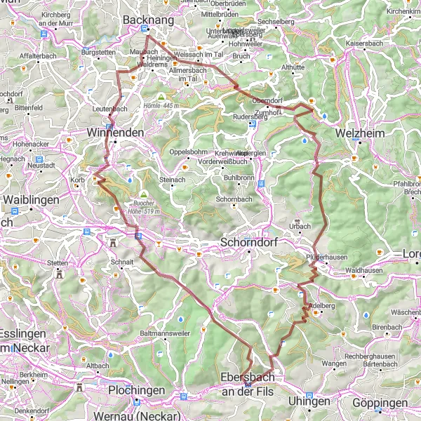 Map miniature of "Ebersbach - Kleinheppacher Kopf - Burg Waldenstein - Diegelsberg - Ebersbach" cycling inspiration in Stuttgart, Germany. Generated by Tarmacs.app cycling route planner