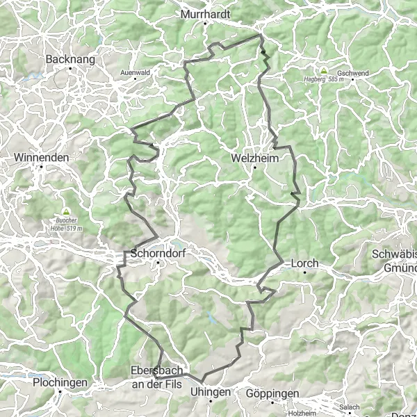 Map miniature of "Winterbach and Beyond" cycling inspiration in Stuttgart, Germany. Generated by Tarmacs.app cycling route planner