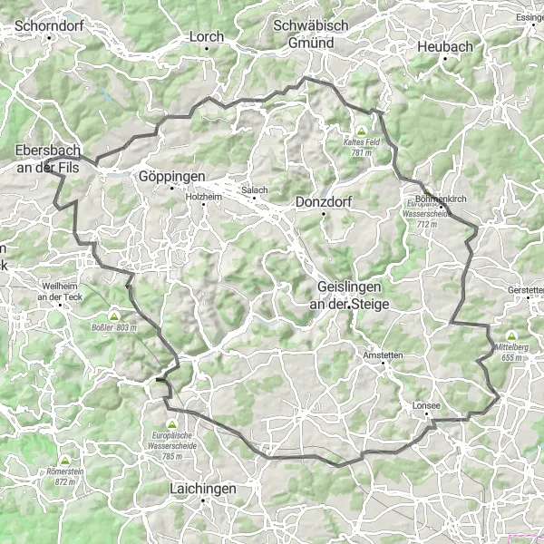 Map miniature of "Scenic Hills and Historic Towns" cycling inspiration in Stuttgart, Germany. Generated by Tarmacs.app cycling route planner