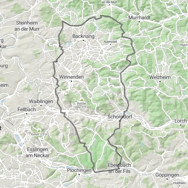 Map miniature of "Hills of Fils" cycling inspiration in Stuttgart, Germany. Generated by Tarmacs.app cycling route planner