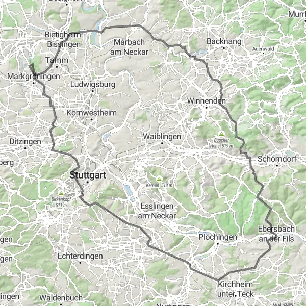 Karten-Miniaturansicht der Radinspiration "Herausfordernde Rundtour über Fernsehturm und Burgstetten" in Stuttgart, Germany. Erstellt vom Tarmacs.app-Routenplaner für Radtouren