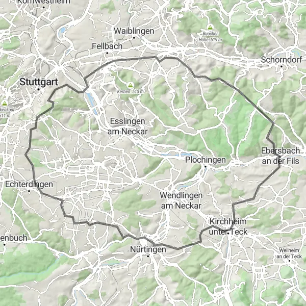 Map miniature of "Ebersbach - Notzingen - Nürtingen - Ebersbach" cycling inspiration in Stuttgart, Germany. Generated by Tarmacs.app cycling route planner