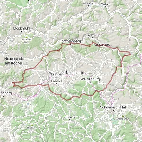 Karten-Miniaturansicht der Radinspiration "Abenteuerliche Graveltour durch das Hohenloher Land" in Stuttgart, Germany. Erstellt vom Tarmacs.app-Routenplaner für Radtouren