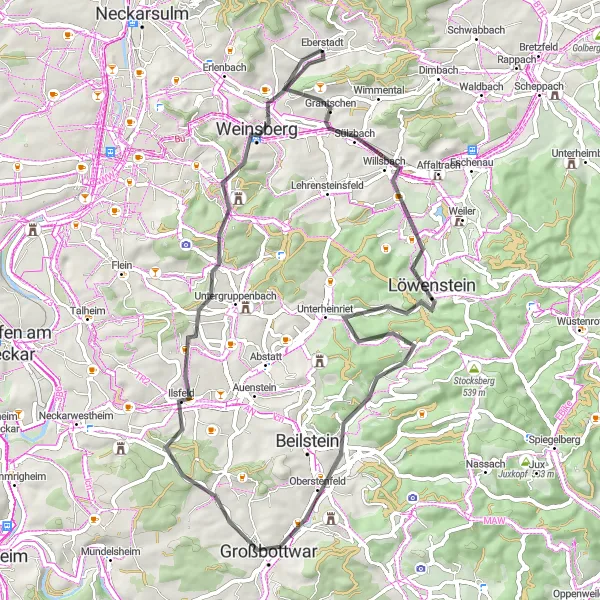 Karten-Miniaturansicht der Radinspiration "Idyllische Radtour durch das Beilstein-Gebiet" in Stuttgart, Germany. Erstellt vom Tarmacs.app-Routenplaner für Radtouren