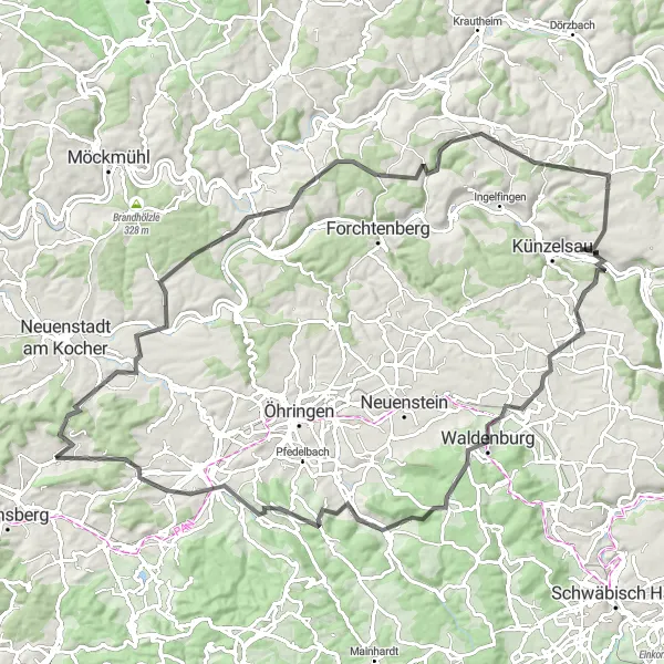 Karten-Miniaturansicht der Radinspiration "Herausfordernde Roadtour durch das Zabergäu und Jagsttal" in Stuttgart, Germany. Erstellt vom Tarmacs.app-Routenplaner für Radtouren