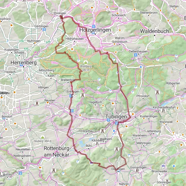 Map miniature of "Gravel Escape: Ehningen to Pfäffingen" cycling inspiration in Stuttgart, Germany. Generated by Tarmacs.app cycling route planner