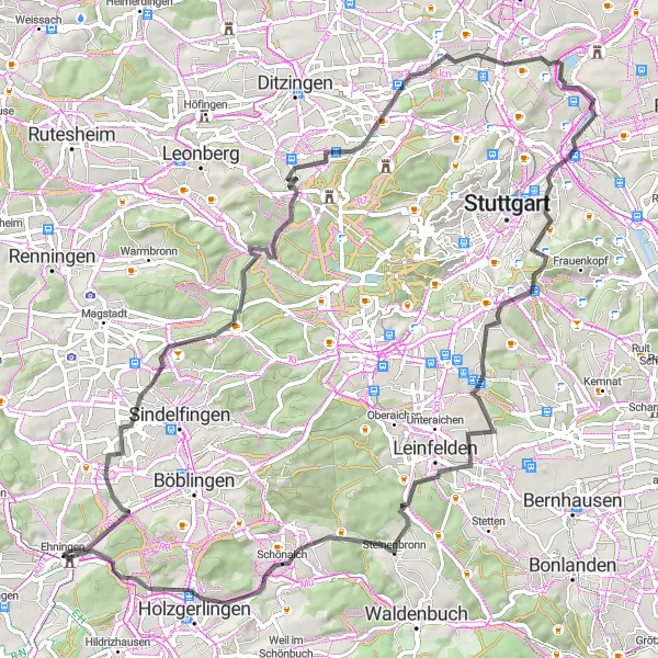 Map miniature of "Ehningen to Bad Cannstatt Scenic Ride" cycling inspiration in Stuttgart, Germany. Generated by Tarmacs.app cycling route planner