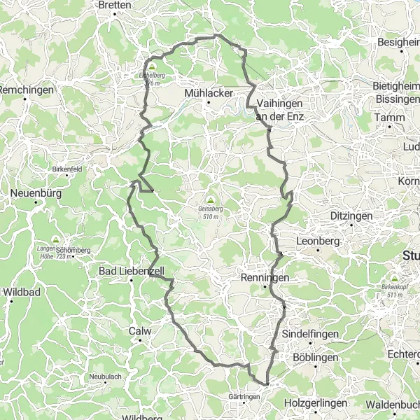 Map miniature of "Ehningen to Hörnle Adventure" cycling inspiration in Stuttgart, Germany. Generated by Tarmacs.app cycling route planner