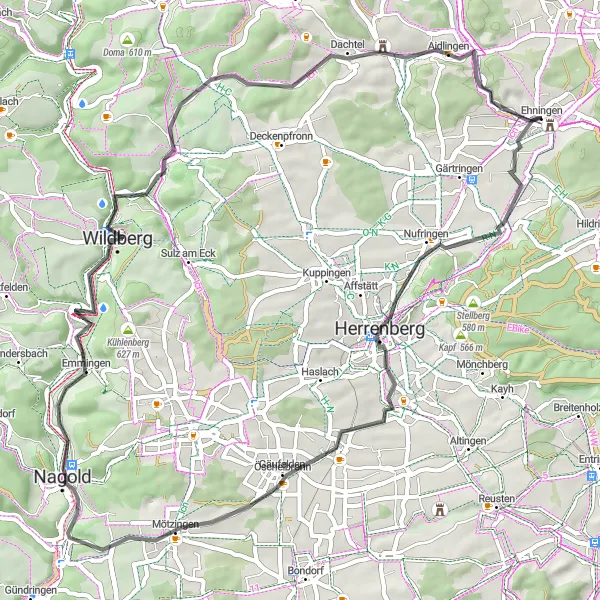 Map miniature of "Scenic Road Cycling in Gültlingen" cycling inspiration in Stuttgart, Germany. Generated by Tarmacs.app cycling route planner