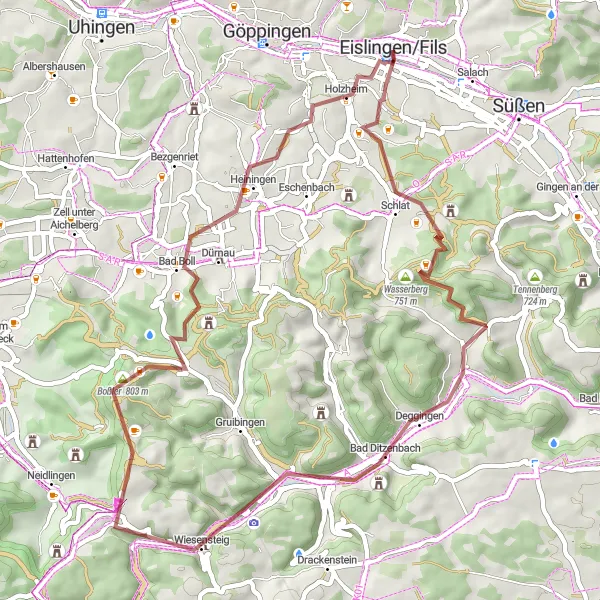 Map miniature of "Eislingen/Fils to Strut Gravel Adventure" cycling inspiration in Stuttgart, Germany. Generated by Tarmacs.app cycling route planner