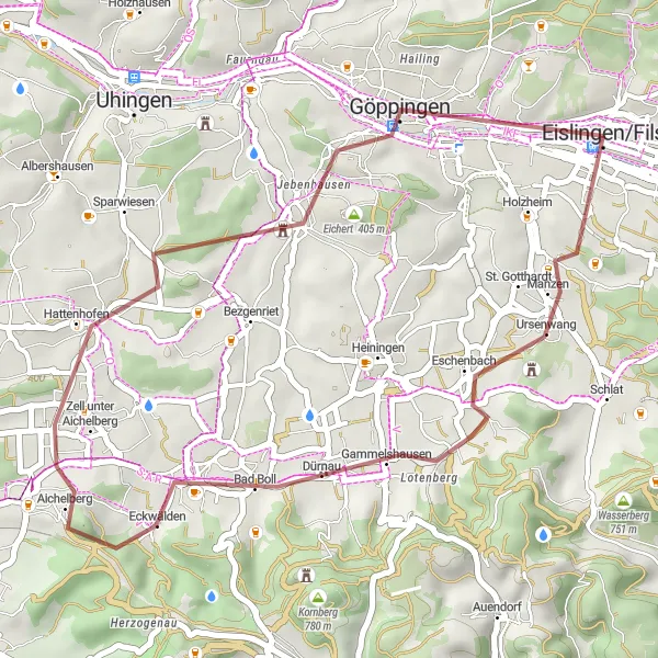 Map miniature of "Eislingen/Fils to Strut Gravel Route" cycling inspiration in Stuttgart, Germany. Generated by Tarmacs.app cycling route planner