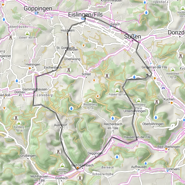 Map miniature of "Süßen to Strut Road Route" cycling inspiration in Stuttgart, Germany. Generated by Tarmacs.app cycling route planner